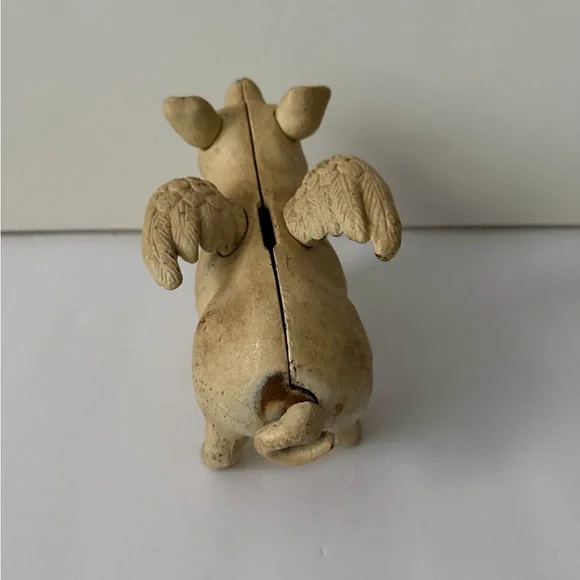 Vintage Piggy Bank Cast Iron Pig Wings Flying Rustic Farmhouse Coin Bank